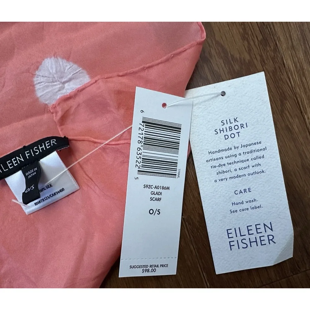 NWT- Eileen Fisher Silk Shibori Dot‎ Peach Luxurious Silk Scarf NEW
